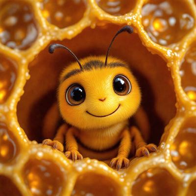 The primary subject of the image is a small yellow bee with a smile on its face. The bee is sitting in a honeycomb, surrounded by honey. The setting is a close-up of the bee, showcasing its cute and happy expression. The visual style is a digital illustration, giving the image a vibrant and lively appearance. The colors and mood of the image are warm and cheerful, with the yellow bee being the main focus and the honeycomb adding to the overall